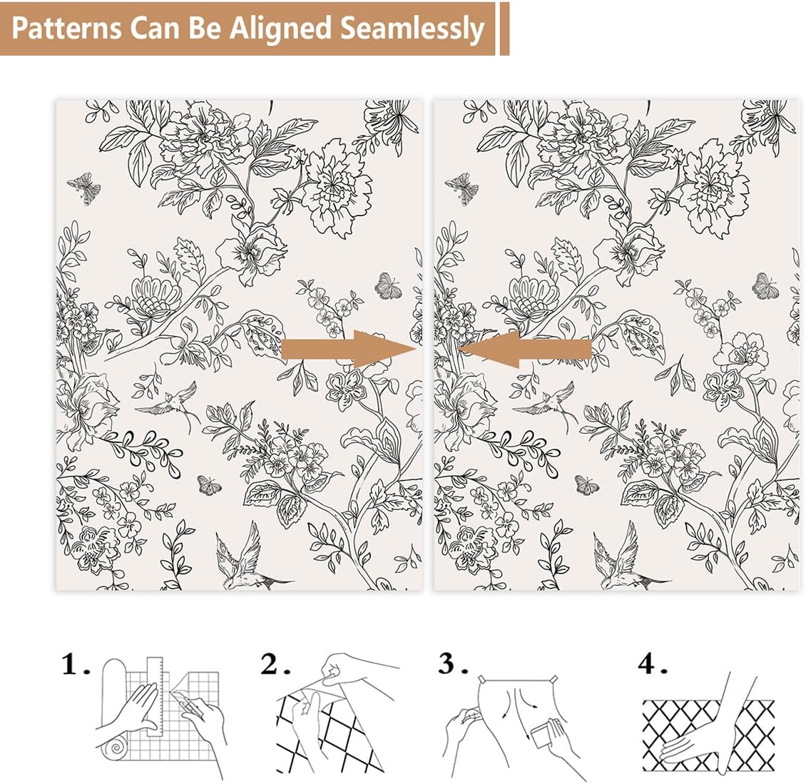 Papel de parede floral preto e branco, casca e bastão, papel de contato floral, flores, pássaros, removível, autoadesivo