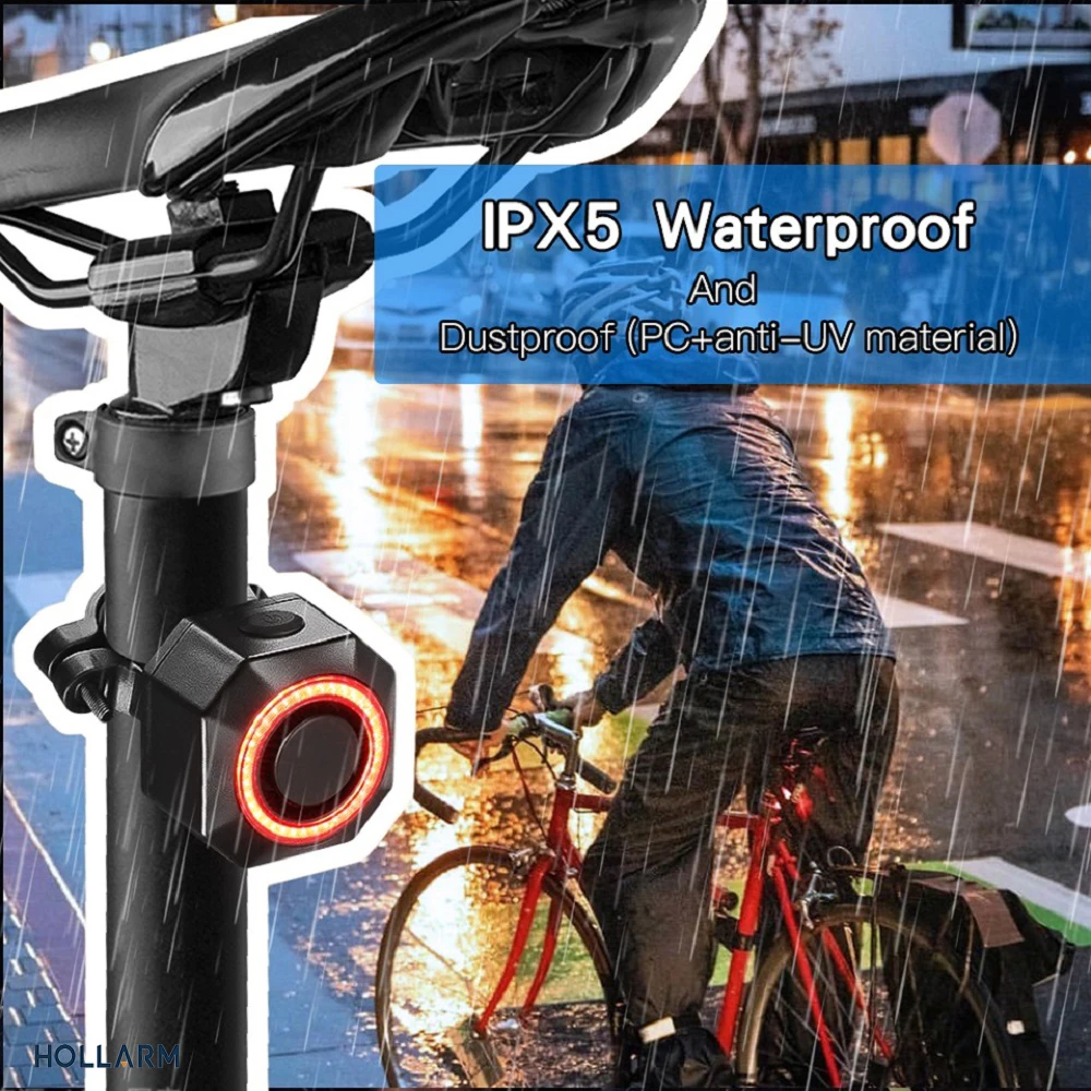 Hollarm Inteligentny alarm tylnego światła roweru Zabezpieczenie przed kradzieżą Antywłamaniowy alarm świetlny roweru Ładowanie USB Inteligentny czujnik hamulca Zdalne sterowanie Tylna Lam