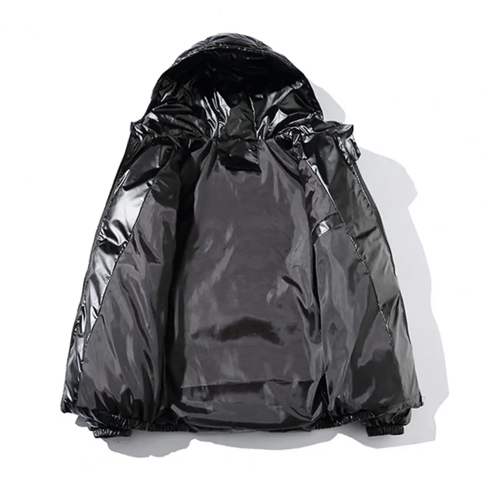 Winter-Parkas für Herren, Baumwollmantel mit Kapuze, langärmelig, hochglänzende Oberfläche, gesteppte Jacke mit Taschen, lockere Passform, verdickt, warm, kurz