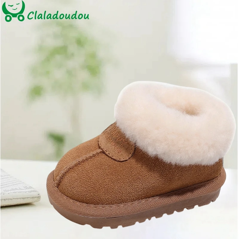 Claladoudou Winter Mädchen Schuhe solide Echt leder Mädchen Schneeschuhe dicke Plüsch Fell Kinder Jungen Winters tiefel für Kinder Frau
