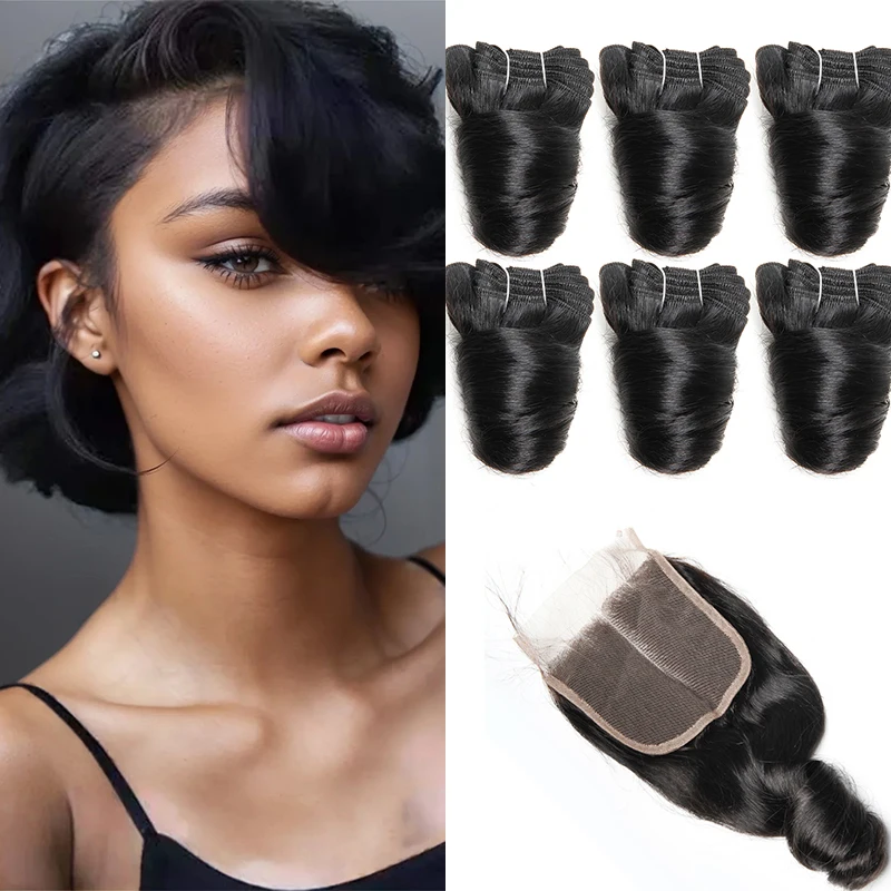 Pacotes de cabelo humano curto com fechamento tecelagem brasileira onda solta 6 pacotes com fechamento 4x4 extensões encaracoladas saltitantes naturais