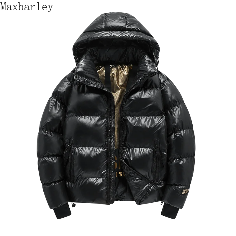 High-end de luxo jaqueta curta masculina inverno novo preto ouro brilhante impermeável leve acolchoado jaqueta coreano grosso casaco com capuz