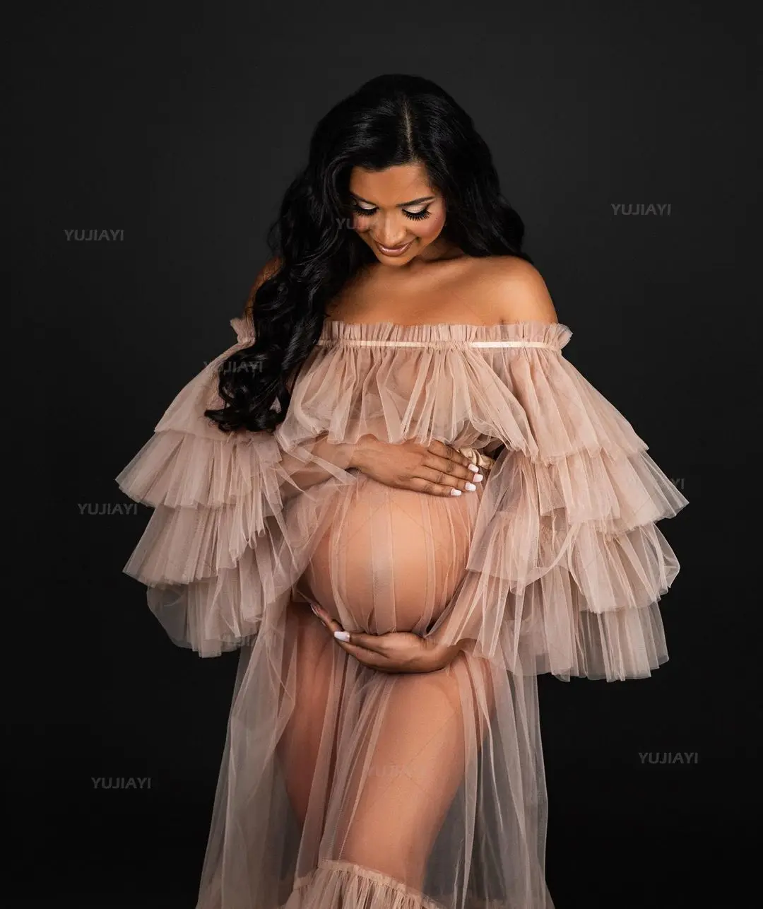 ชุดคลุมท้องปิดไหล่ Tulle Robe ที่กําหนดเองผู้หญิงเสื้อคลุมอาบน้ํางานแต่งงานชุดชั้นในชุดนอนเจ้าสาวชุดนอน