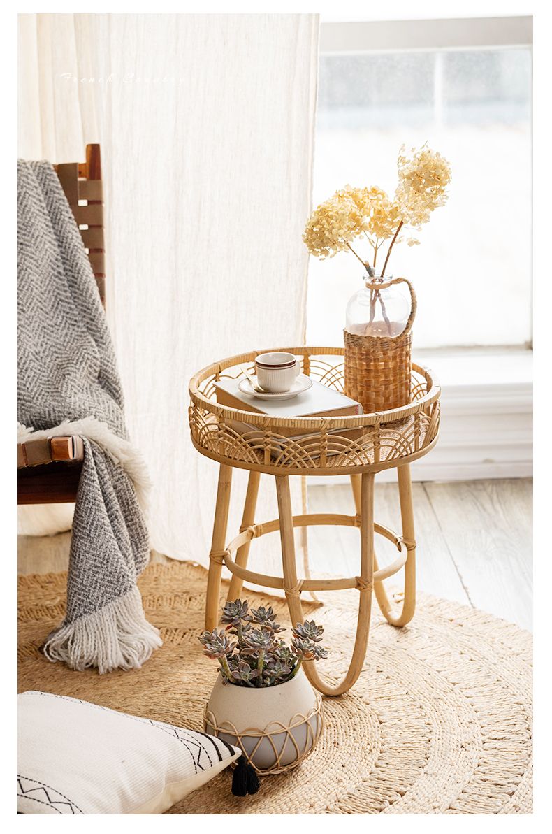 Mesa de centro de ratán de madera natural tejida a mano, muebles redondos para sala de estar, muebles ligeros de lujo para salón, mesa de centro baja, escritorio