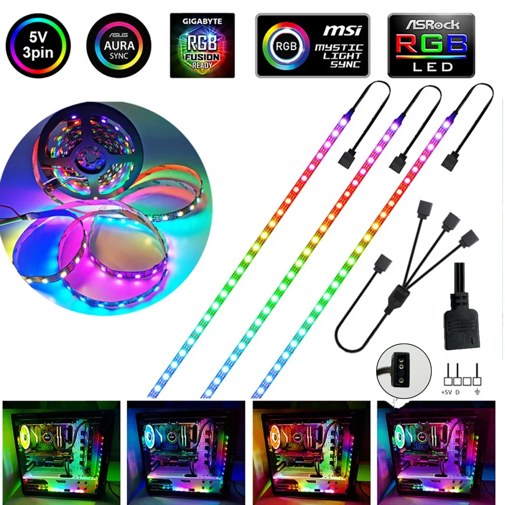 Tira de luces LED RGB WS2812B para juegos, cabezales LED direccionables de 5V y 3 pines para PC ASUS AURA SYNC, sincronización de luz mística MSI, GIGABYTE