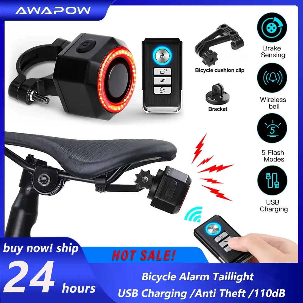 Awapow alarme de bicicleta com controle remoto, alarme antirroubo, recarregável por usb, 110db, detector de bicicleta e motocicleta, alarme com suporte