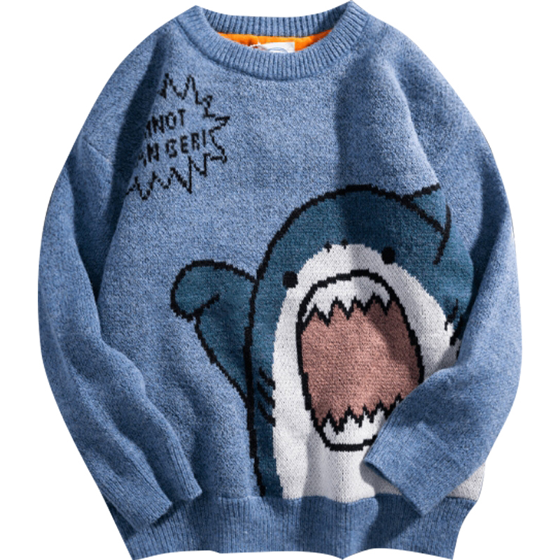 Shark เสื้อกันหนาวผู้ชายฤดูหนาวการ์ตูน Harajuku เกาหลี Y2k ขนาดใหญ่คอเต่า Hip Hop หลวมถักจัมเปอร์เสื้อกันหนาวเสื้อคอสูง