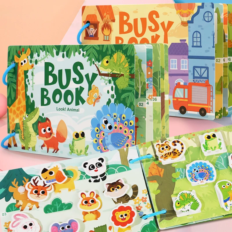 Libro ocupado para niños, pegatinas de dinosaurios y vehículos de animales, juegos de números y cartas a juego, libro de actividades de aprendizaje interactivo