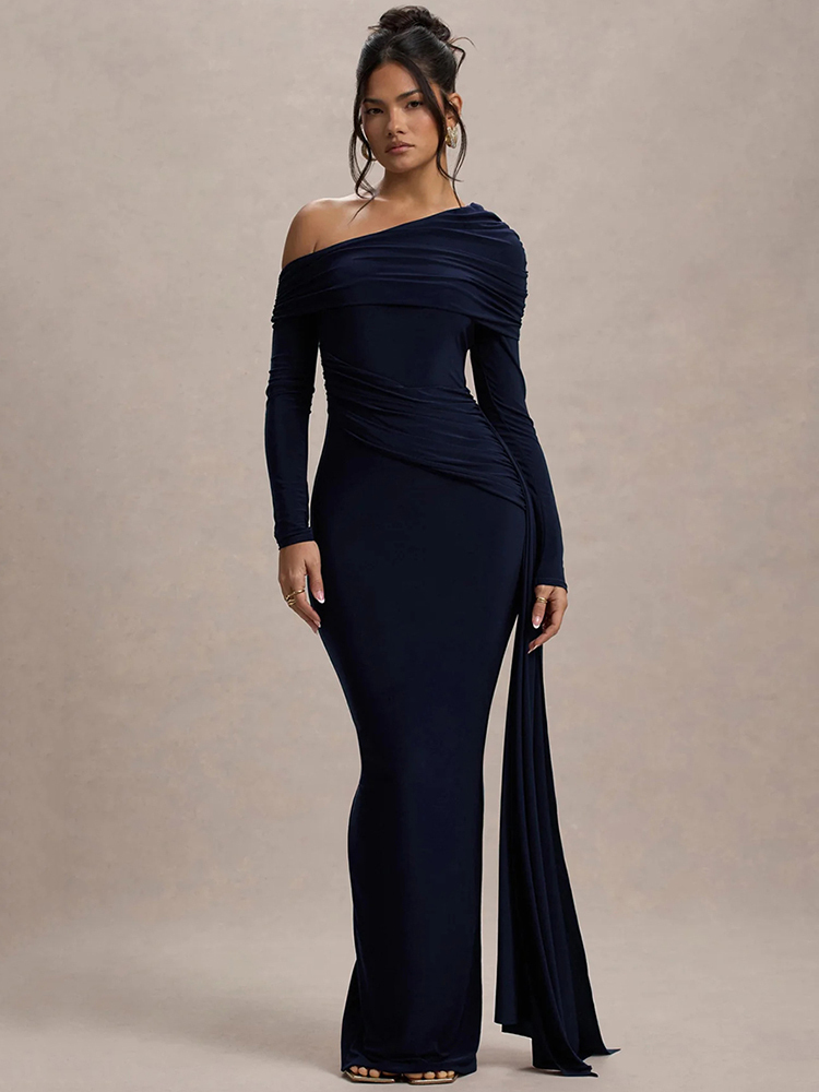 Mozision Skew Kragen Langarm Sexy Maxi Kleid Für Frauen Kleid Mode Backless Drapierte Geraffte Bodycon Club Langes Kleid Elegant