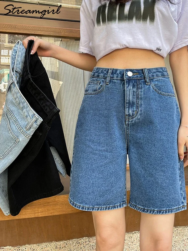 Streamgirl High Waisted Jeans Shorts Women 2025 Vintage Shorts Denim Loose Female Short Straight Jeans Shorts For Women Summer