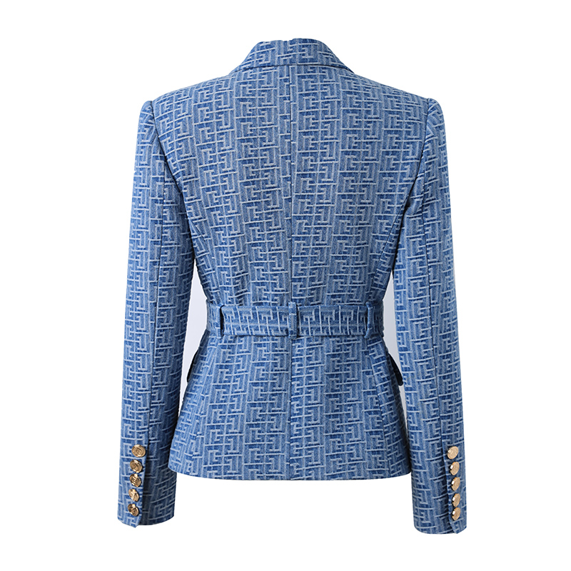 Personalizado de luxo tecido lavado por atacado padrão geométrico denim jaquetas para senhoras moda feminina blazer com cinto