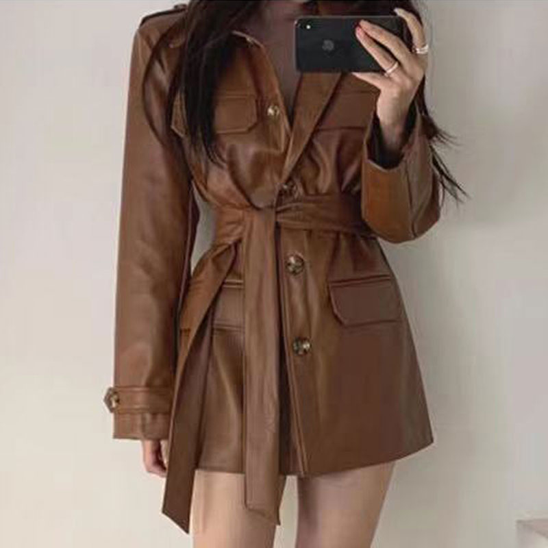Slish Retro Deep Brown PU Leather Jacket Mid-Length Biker Coat for Women Trendy Autumn Winter Outerwear Casual Commute