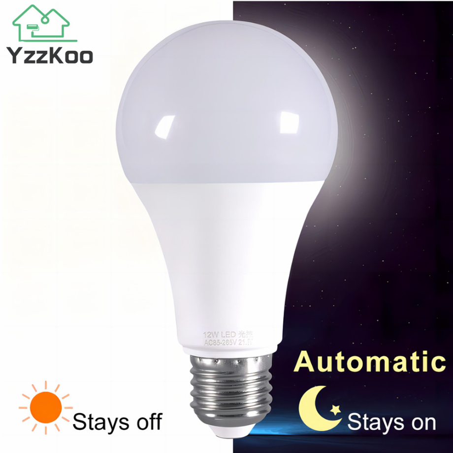 YzzKoo-bombilla LED E27 con sensor de control de luz, 12W, 9W, 7W, AC85-265V, luz nocturna diurna, encendido y apagado automático, lámpara inteligente para Patio y porche para jardín