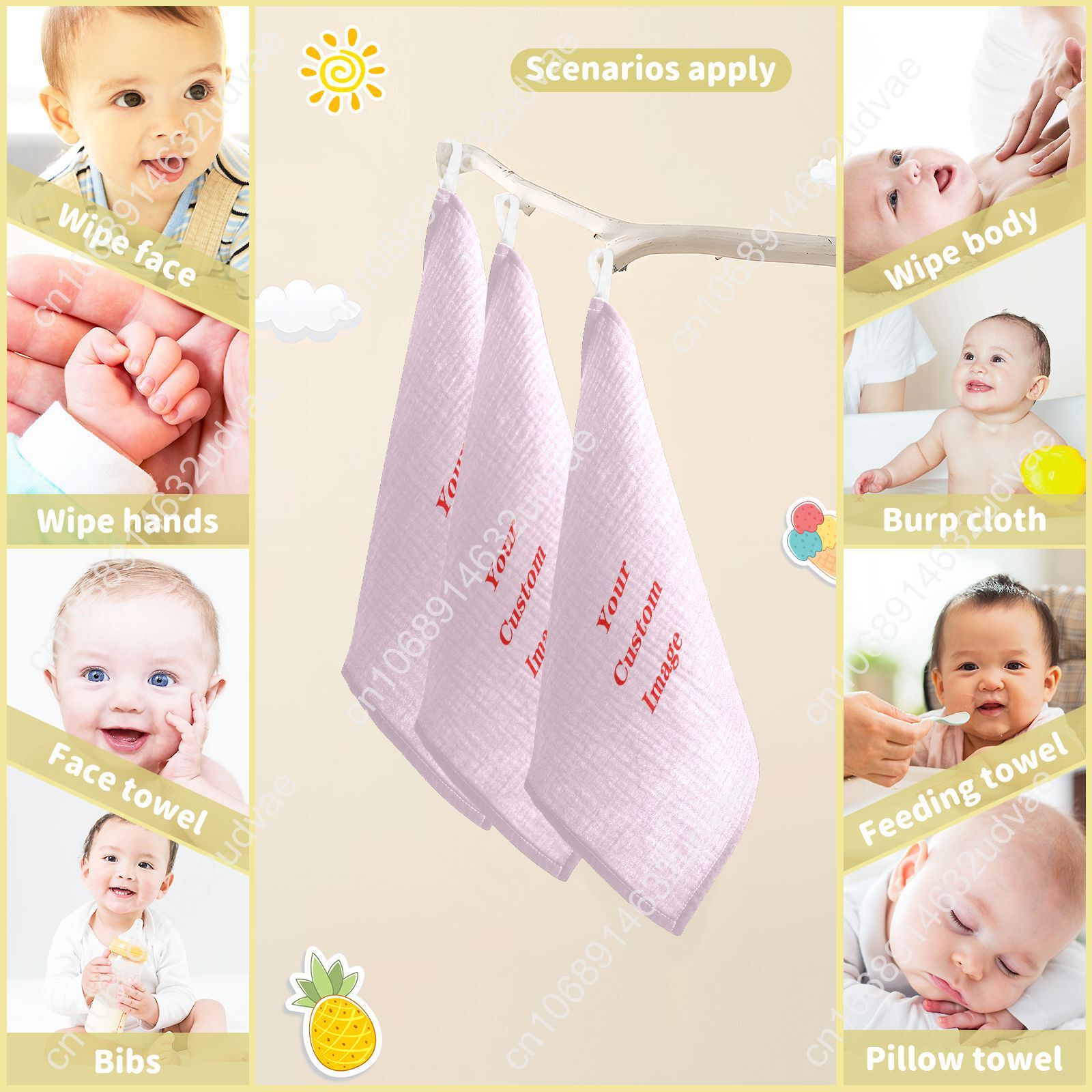 3/5PCS Baby Cotton Bath Towel Custom 4-Layer Gauze Face Washcloth Squares Hand Wipe Newborn Bathing Feeding Kids Handkerchief