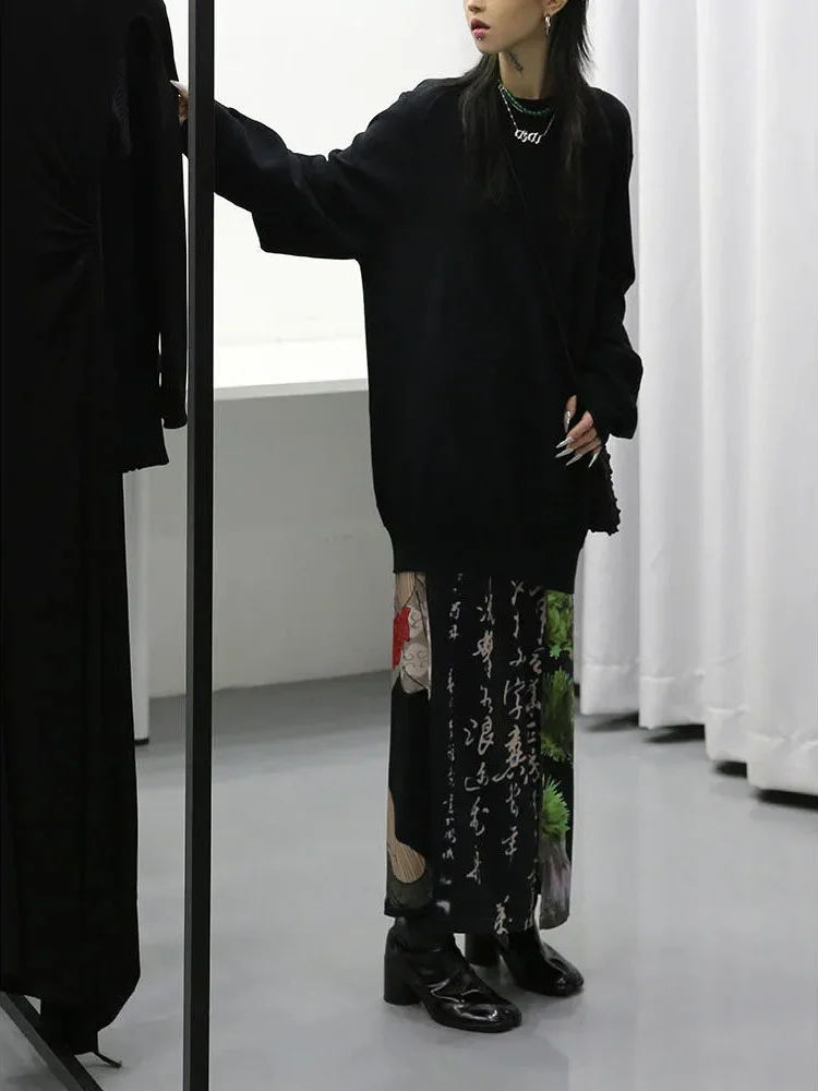 Stile giapponese Tie Dye Nero Stampa Gonne Donna A-line Gonna lunga divisa Harajuku Streetwear Gotico Faldas Mujer Y2k Saia Fairycore
