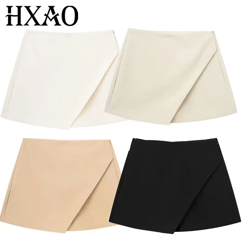Falda pantalón HXAO para mujer, falda blanca y negra de cintura alta, pantalones cortos asimétricos de color caqui, falda informal para mujer 2024
