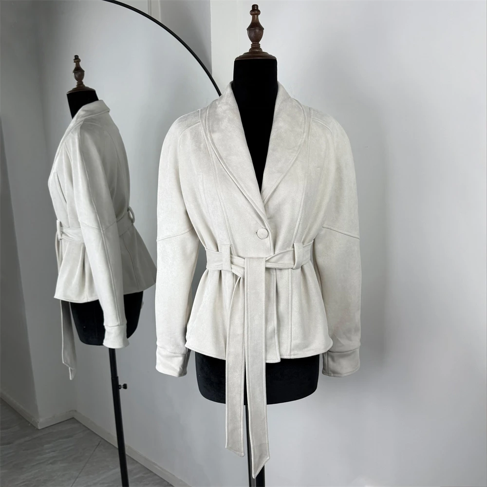 Tornova retro camurça jaqueta de manga comprida casaco feminino com decote em v rendas até jaqueta 2025 outono inverno novo comute escritório senhora outerwear
