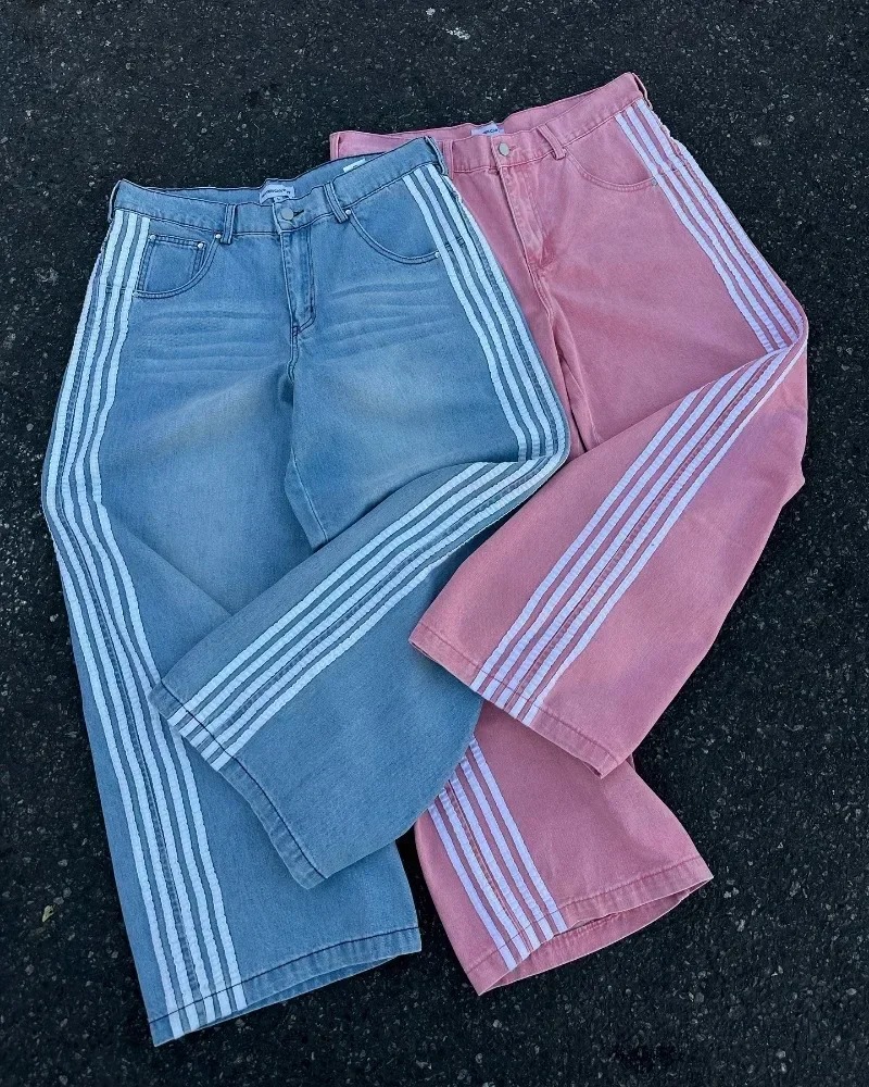 Y2K pantalones vaqueros holgados Harajuku bordados a rayas ropa de calle vintage de alta calidad Hip Hop gótico hombres mujeres pantalones vaqueros de pierna informales anchos