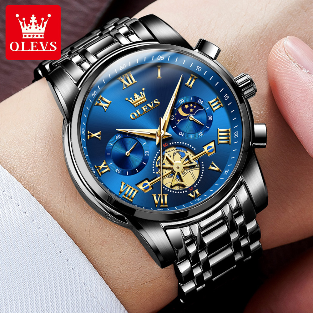 OLEVS 2859 Flywheel Design Man Watch 24 hour Moon Phase Chronograph Waterproof Luminous Multifunction Men's Quartz Wristwatches