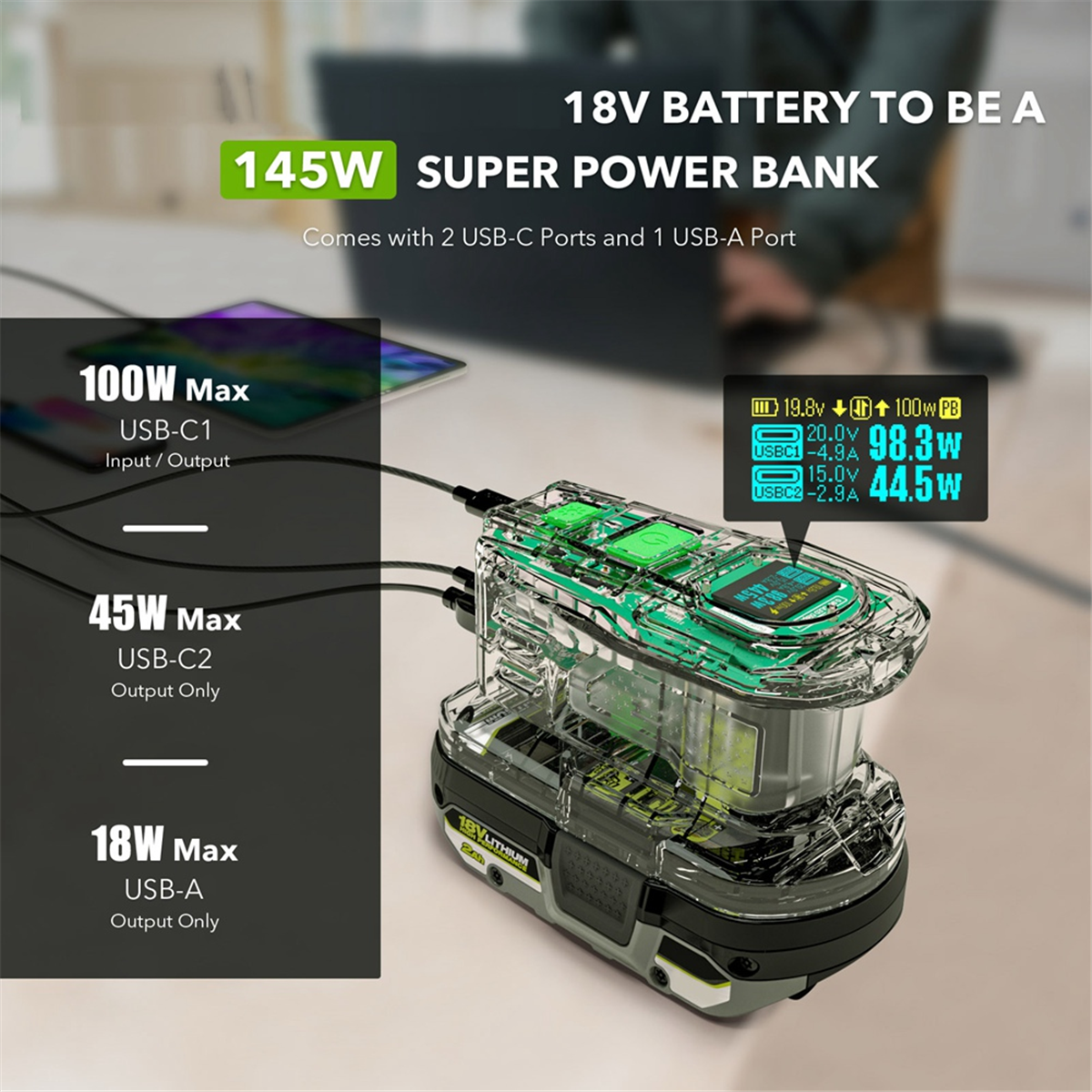 XFDE Fast Charger for RYOBI 18V ONE+ Battery Recharger Lithium Battery 100W Fast Charge USB Port Two-Way Charger PSC A
