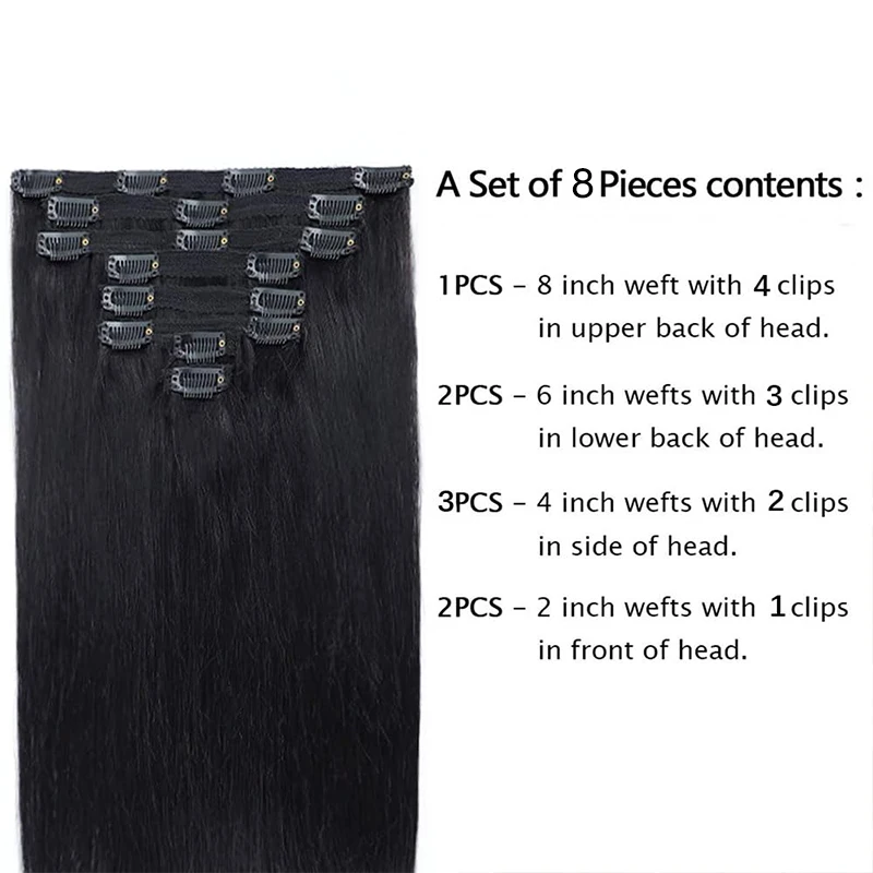 Extensões de cabelo com clipe para mulheres, cabelo humano real, 100% Remy, reto, moda, preto natural, 8pcs, 120g, # 1B