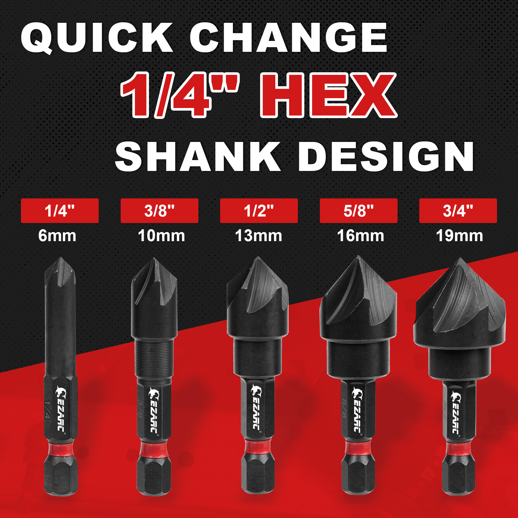 EZARC 5PCS Countersink Drill Bit Set for Metal, 1/4 Inch Hex Shank Countersunk Bits 82 Degree 5 Flute, 1/4” 3/8” 1/2” 5/8” 3/4”