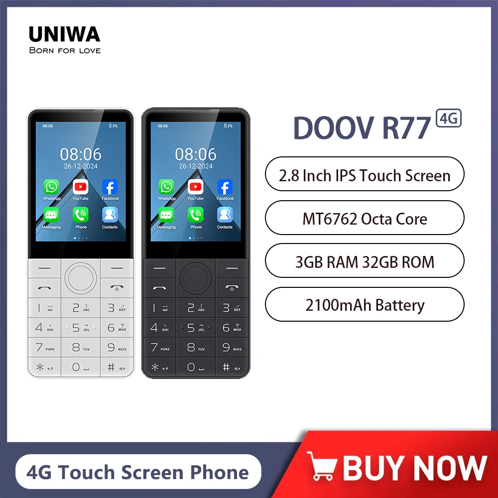 DOOV R77 4G teclado de pantalla táctil inteligente teléfono móvil sin cámara 3GB + 32GB 2100mAh 2,8 pulgadas Smartphone Android teclado hebreo