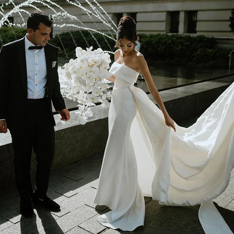 Elegant Strapless Satin Mermaid Wedding Dresses With Detachable Train  Bridal Gown Backless Vestido De Noiva For Women