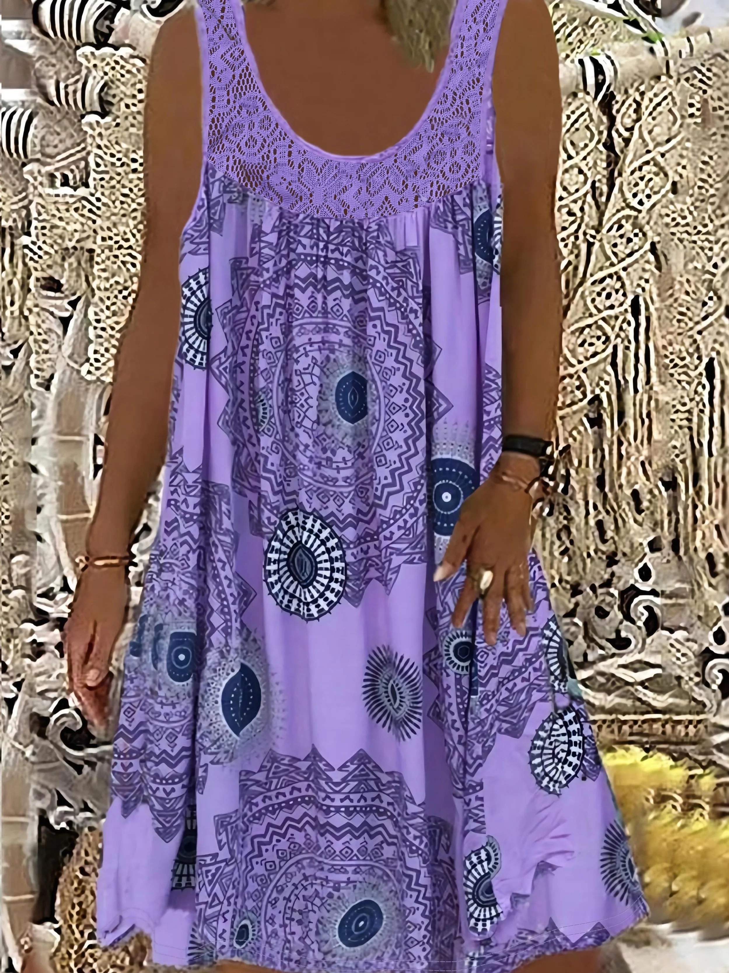 Plus size mouwloze A-lijn damesjurk met ronde hals en contrasterende kanten rand bloemenprint - knielengte casual en pretenti