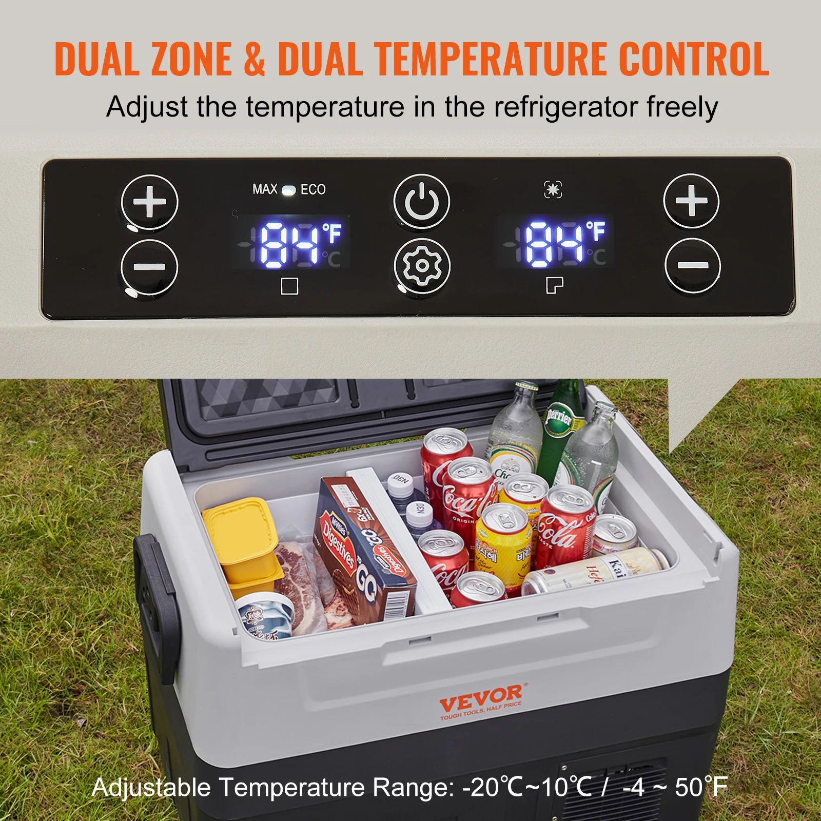 VEVOR Frigorifero per Auto, 45 Litr Frigo Compressore Congelatore Portatile Elettrico a Doppia Zona per Campeggio con Ruote e Manico, 0,6kW.h Da -20°C a 10°C Regolabile Frigo Termico per Camion Barca