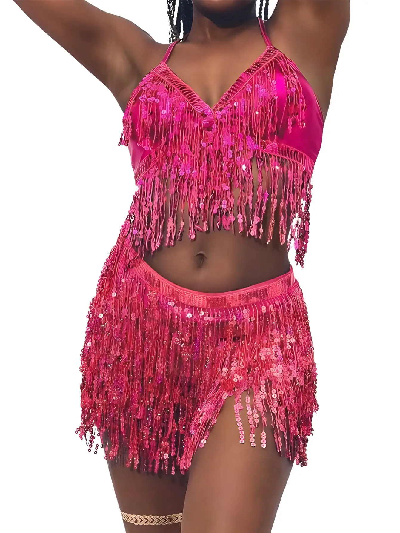 Buikdans Top Beha Riem Set Latin Pailletten Fringe Halter Hippe Rok Sexy Feestkostuum 4-laags Kwastje Stage Performance Doek Slijtage