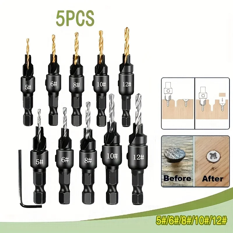5Pcs Hexagonal Handle Woodworking Countersunk Drill High Speed Opening Chamfer Integrated Twist Drill Woodworking Countersunk