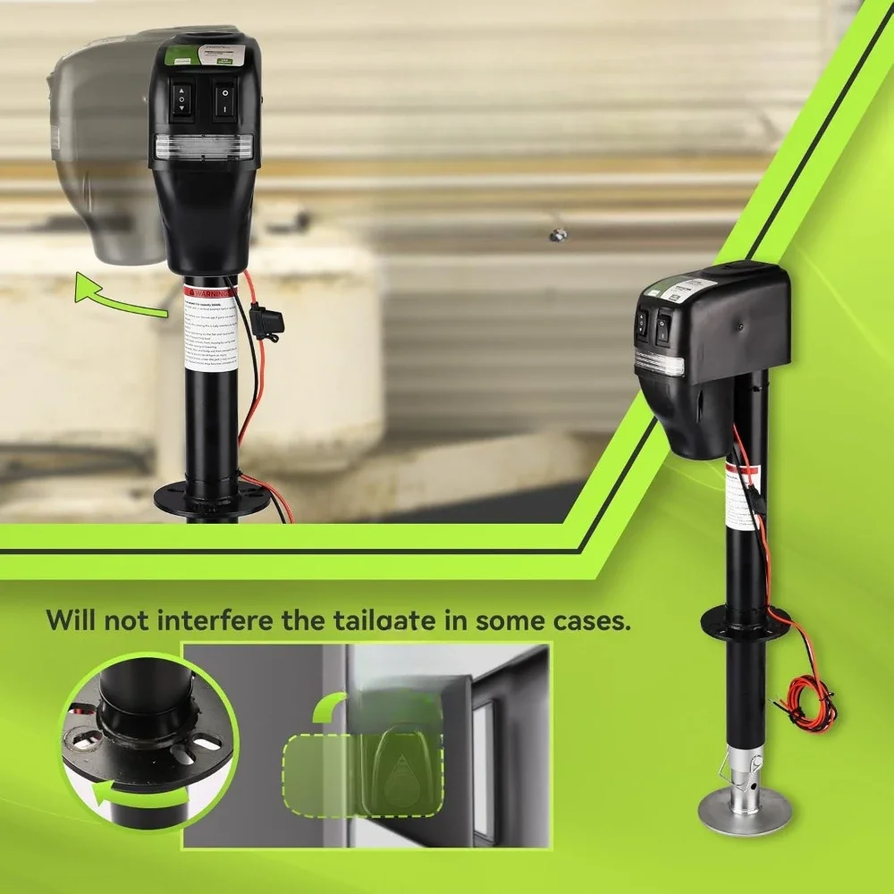 Duty RV Electric Power Tongue Jack with Accessories Manual Crank Handle, 18" Lift, 12V DC and Bright LED Light, Black