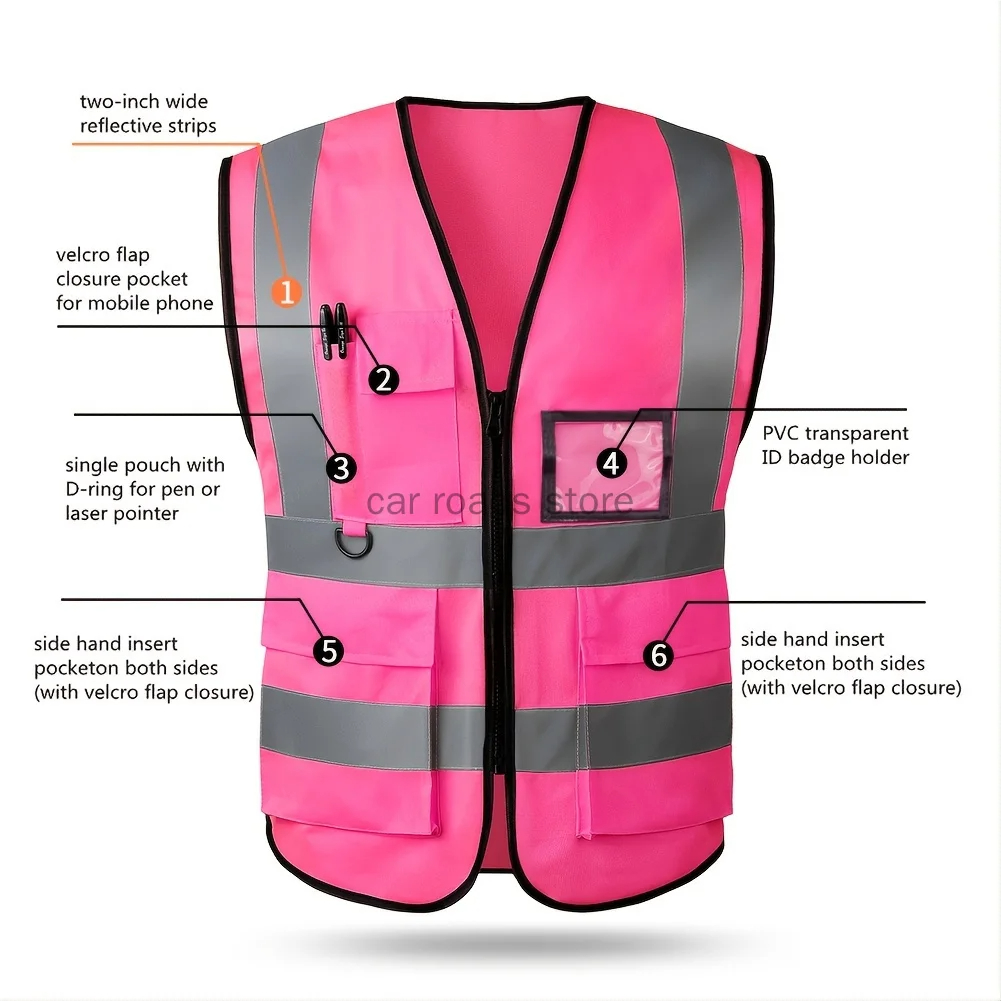 Pink Women's Reflective Safety Vest Front Pocket Zipper High Visibility Safety Vest Meets ANSI/ISEA Standards
