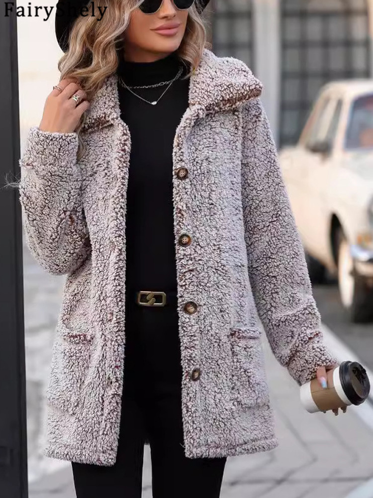 FairyShely 2025, Winter-Frauen-Einreiher-Jacke, dicker Plüsch mit Kapuze, warm, langärmelig, langer Mantel, weiche, solide Strickjacke, Damenmantel