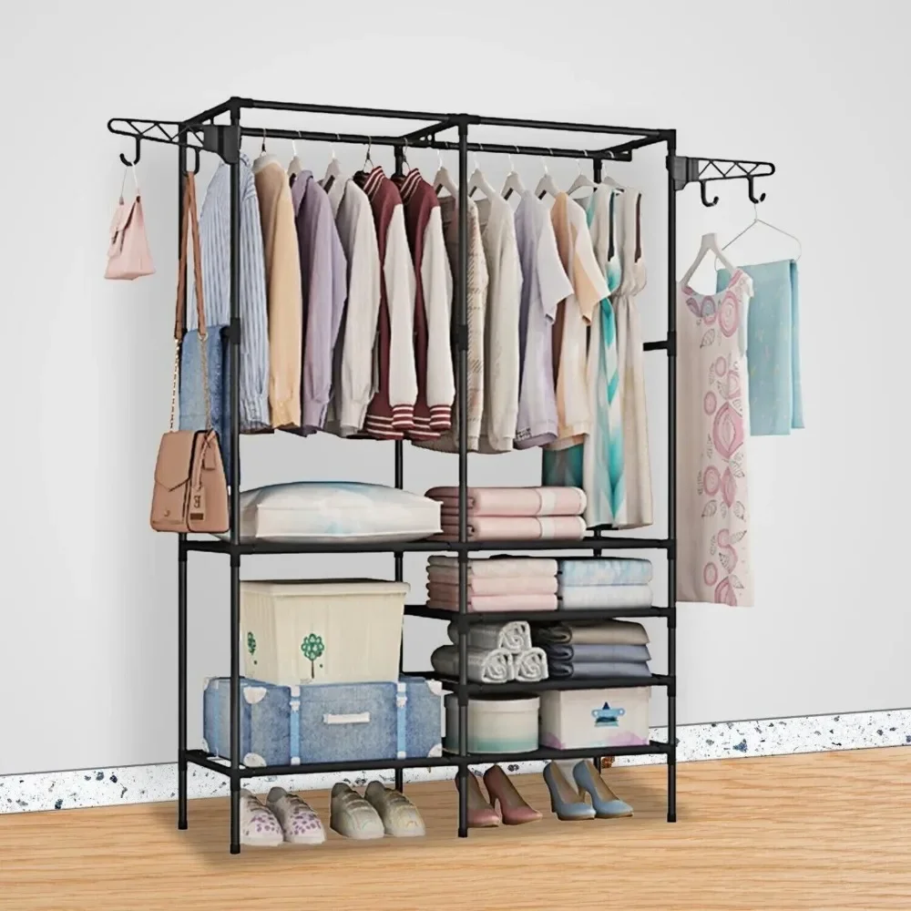 Floor Clothes Rack Double/Three Row Hangers Shoe Storage Rack With Hanging Hooks Rods For Coat And Shoe Household Clothes Hanger