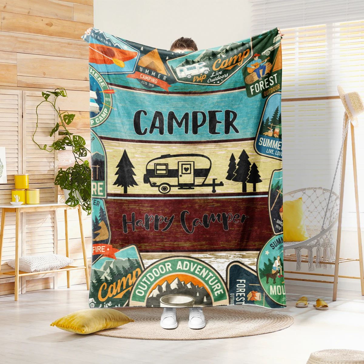 1 manta estampada con estampado de camper y bosque, adecuada para sofás, camas, oficinas, viajes, sillas de camping, cálida manta de felpa