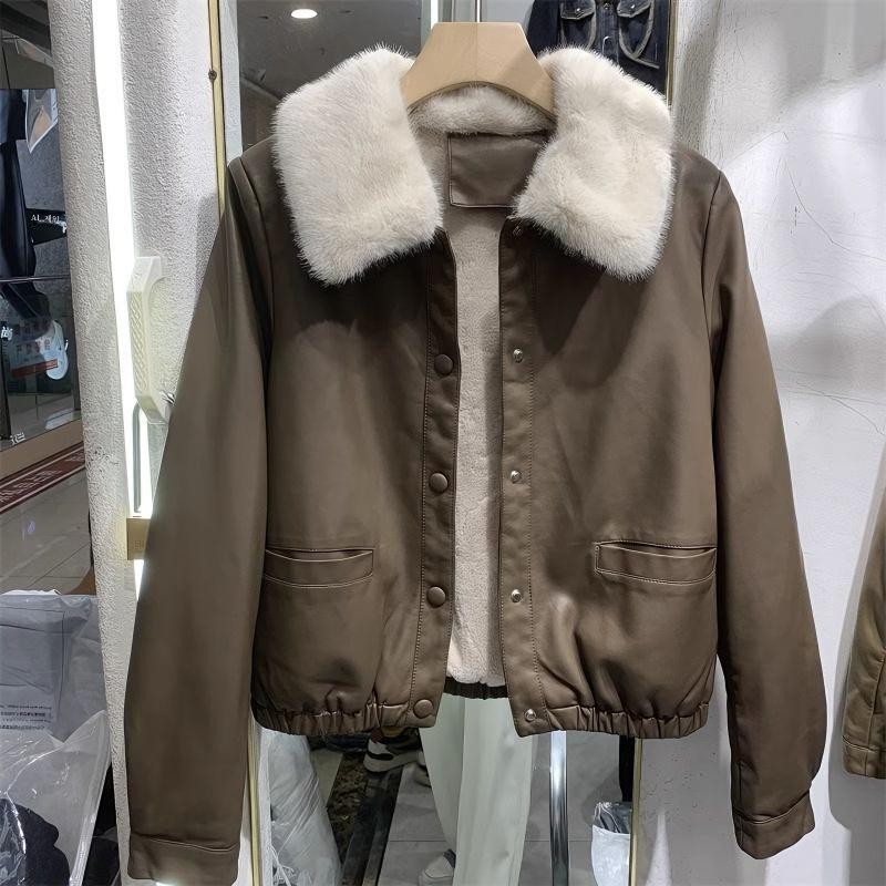 American Sle Fleece Lined PU Leather Jacket Women Thickened Short Coat Autumn Winter New Sle High Sensation Small Size Fu...