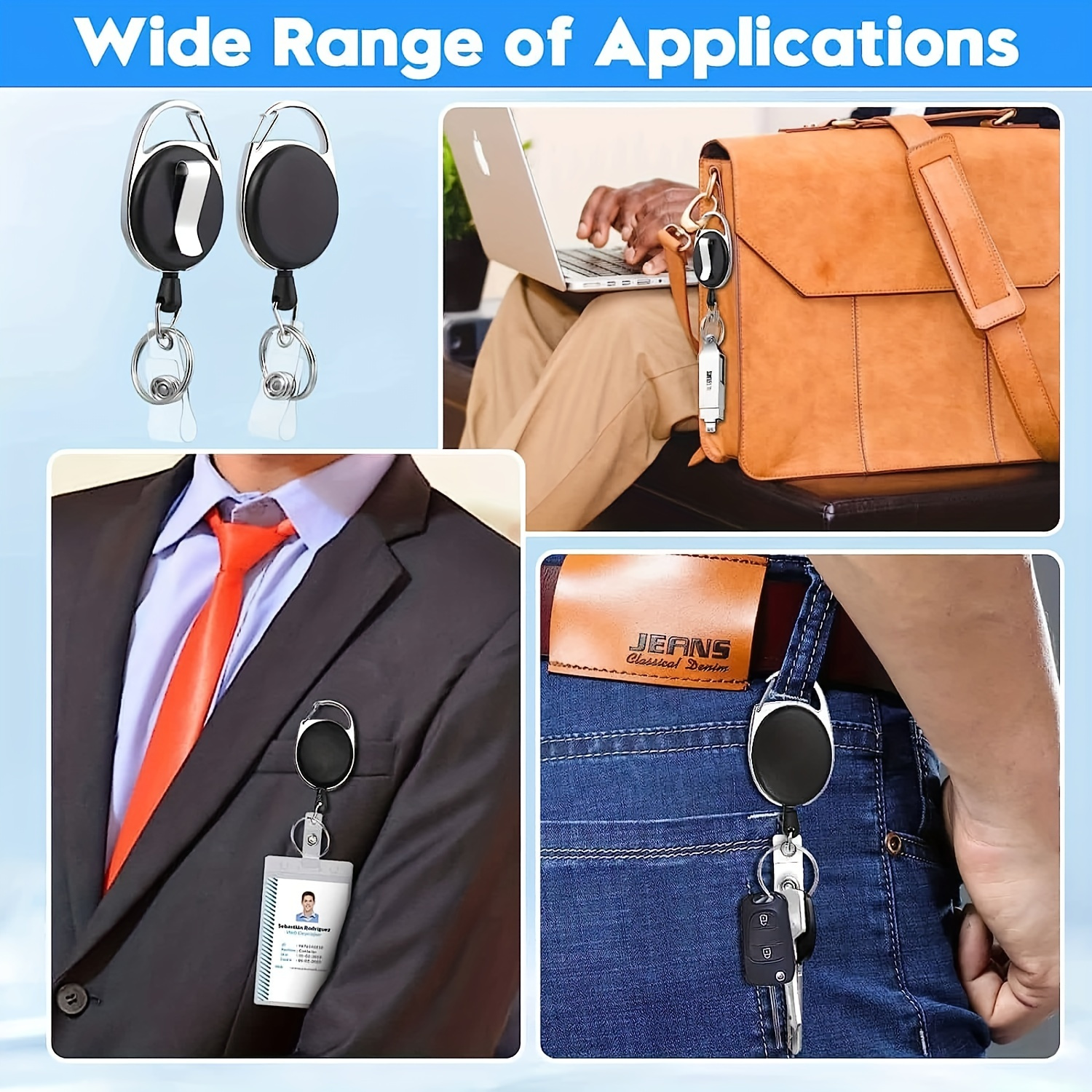 3 High-Quality Retractable Badge Holders with 360° Rotation Belt/Carabiner Clip, Key Chain Ring, Snap Fastener, and PVC ID Strap
