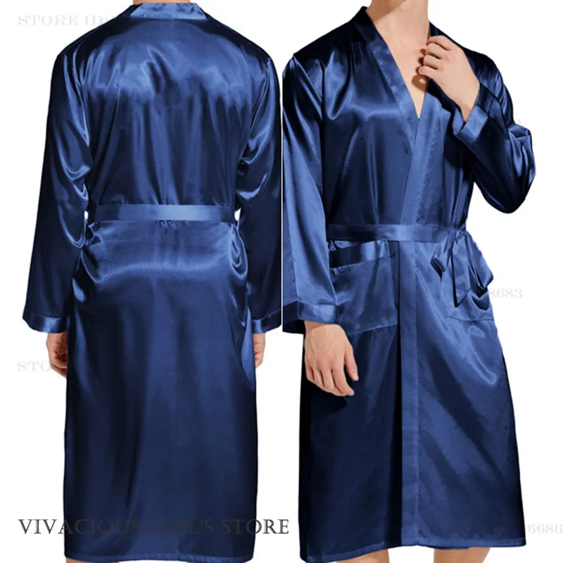 Männer Lange Bademantel Nachtwäsche Marineblau Seide Satin Bräutigam Hochzeit Robe Kimono Kleid Frühling Sommer Hause Kleidung Loungewear