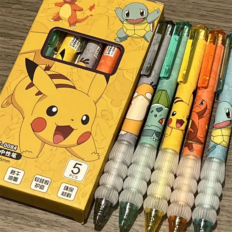 5 pçs pikachu gel caneta conjunto pokemon esferográfica dos desenhos animados impressão escrita caneta estudantes artigos de papelaria material de escritório para crianças presente