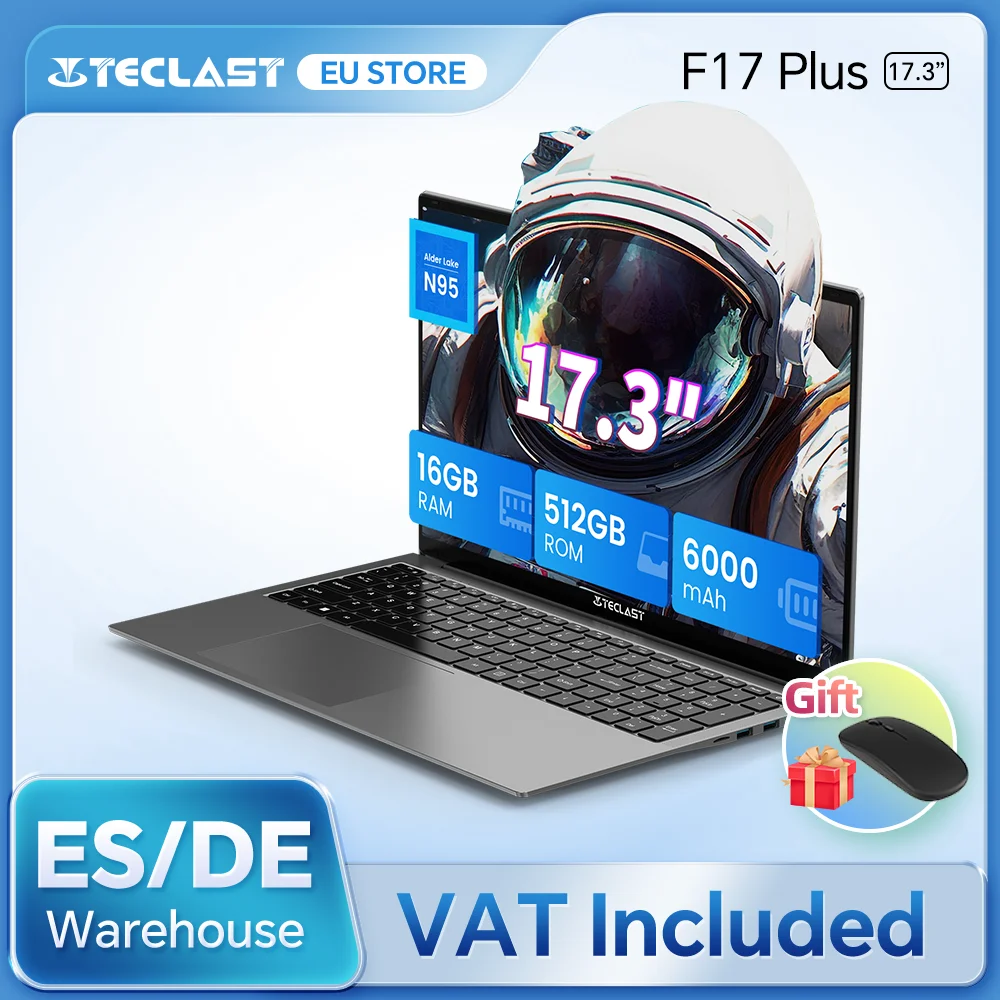 Laptop Teclast F17Plus 17,3 cala, 16 GB RAM, 512 GB SSD, Intel N95, Windows 11 Pro, komputer przenośny z podświetlaną klawiaturą, otwierany do 180°, mini-HDMI, 3x USB 3.2