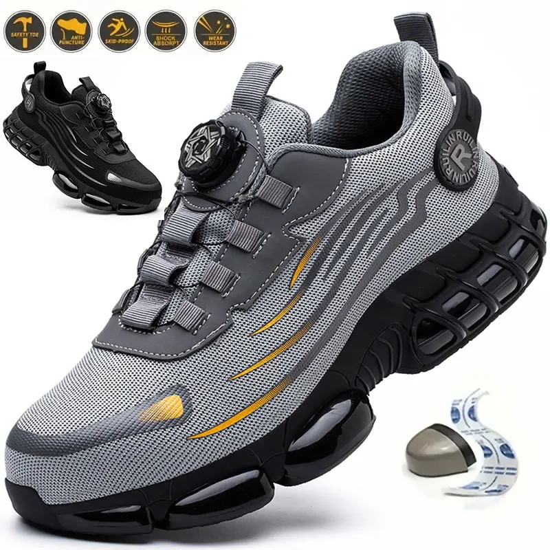 Botão rotativo sapatos de segurança homens anti-esmagamento anti-punctura sapatos de trabalho moda masculina sapatos esportivos de segurança botas de proteção de segurança