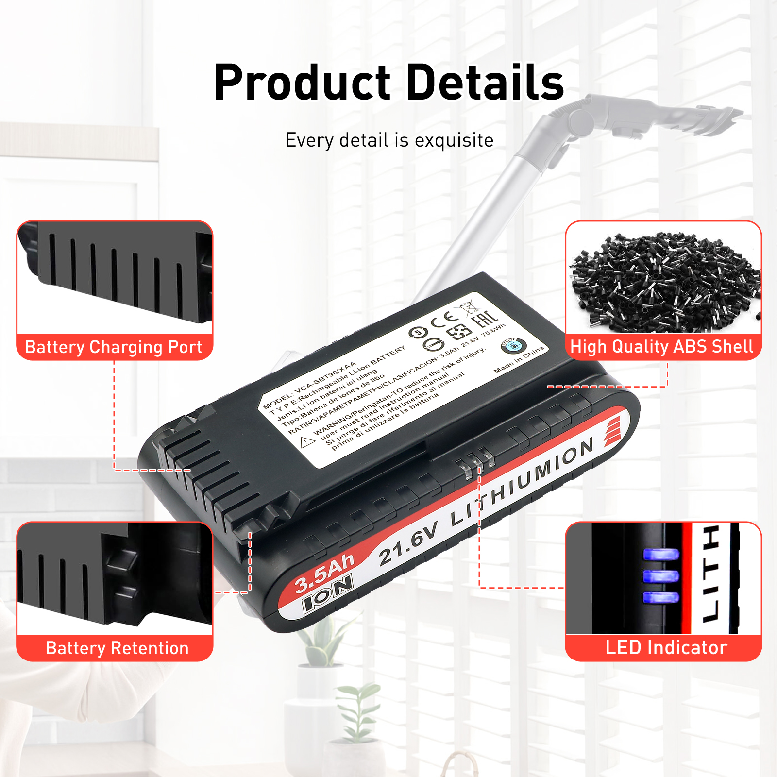 21.6V 3500mAh Replacement Vacuum Cleaner Li-ion Battery for Samsung Jet 90/Jet 75 Pet/Jet 75 Cordless Stick Vacuum VCA-SBT90/XAA