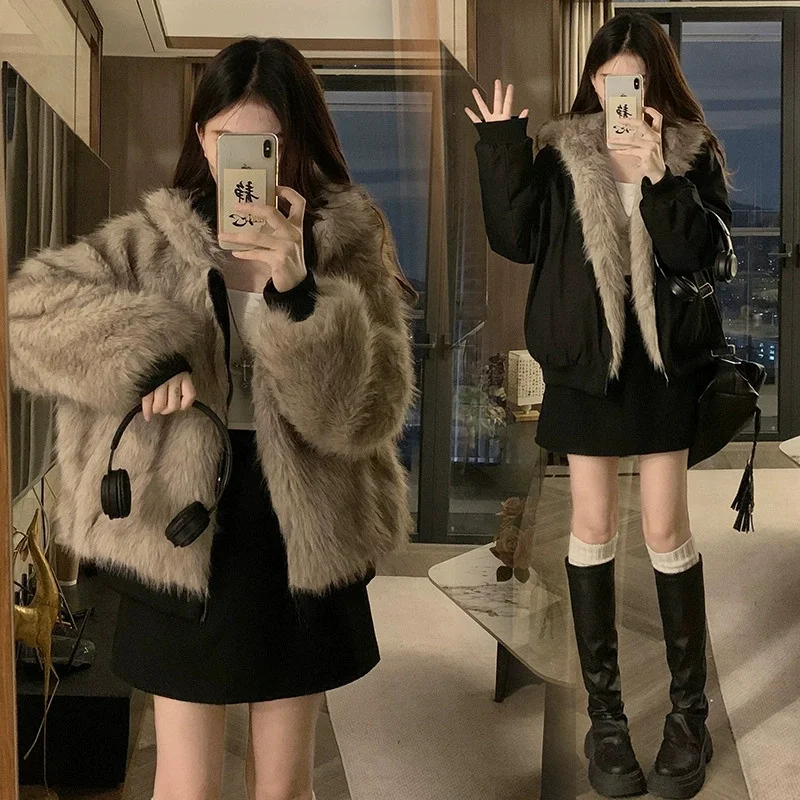 Dupla face casaco de inverno roupas femininas imitação de pele de vison com capuz jaqueta de algodão feminino quente algodão-acolchoado roupas outerwea