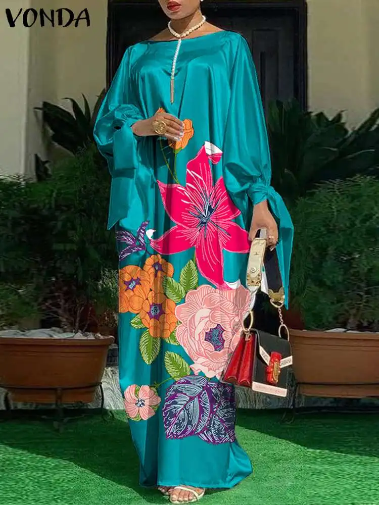 Bohemian-女性用サテンロングドレス,ラージサイズ,Vネック,長袖,イブニングドレス,ヴィンテージフローラル,プリント,マキシ,トレンド2023