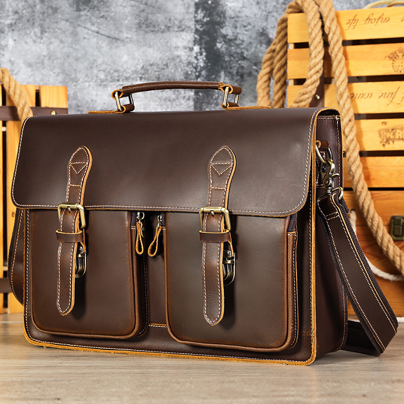 Bolsa de couro vintage para homens, pastas de negócios, Messenger Bag, bagagem de viagem, carrinho, couro de vaca, bolsas masculinas