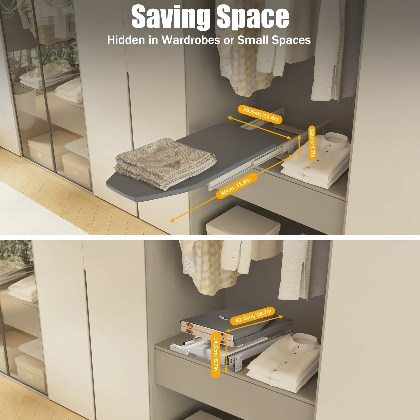 Gray Folding Ironing Board 180° Rotation Retractable Closet Pull & Push for Cabinet Easy To Install