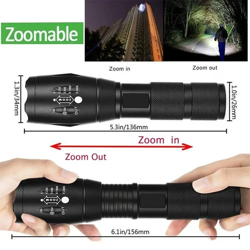 높은 전력 T6 LED 손전등 캠핑 토치 5 조명 모드 줌 라이트 알루미늄 합금 방수 소재 외부 18650 배터리