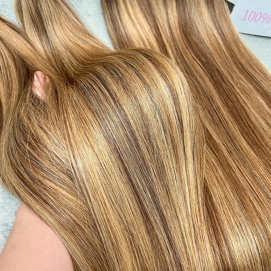 ผมต่อแบบสานสีน้ำตาลสำหรับผู้หญิงมัดเส้นผมมนุษย์100% ตรงสีไฮไลต์เกรด10A #4/27